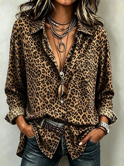 SHEIN Dámska elegantná blúzka s leopardím vzorom, vhodná na ležérne nosenie na dovolenku a do práce, francúzska vintage košeľa s dlhým rukávom, hnedý leopardí vzor, jednoriadové zapínanie, tmavohnedá tlačená blúzka s hranatým výstrihom, top s dlhým rukávom, elegantný štýl vhodný do kancelárie a na ležérne výlety