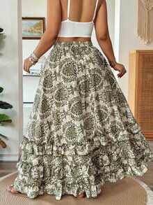 Vionelle Falda tipo pastel con estampado integral y bajo con volantes para primavera/verano, talla grande - Verde - Ver 2