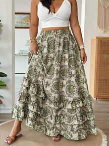 Vionelle Falda tipo pastel con estampado integral y bajo con volantes para primavera/verano, talla grande - Verde - Ver 5