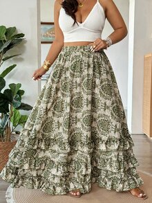 Vionelle Falda tipo pastel con estampado integral y bajo con volantes para primavera/verano, talla grande - Verde - Ver 3