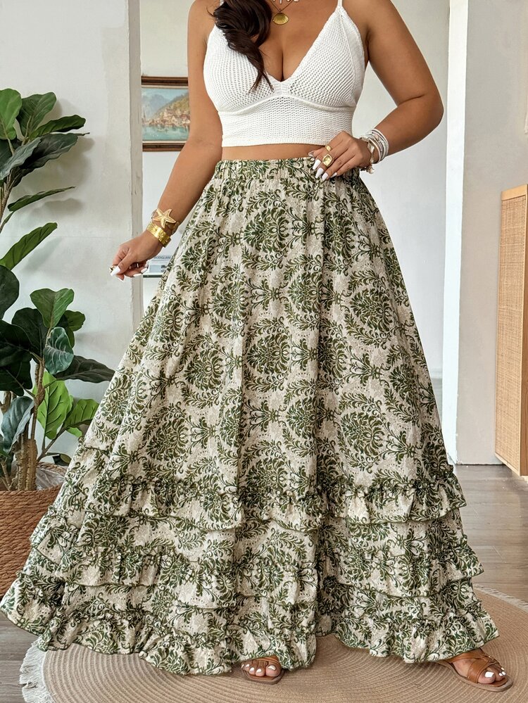Vionelle Plus Size Spring/Summer All-Over Print Ruffle Hem Cake Skirt - Green - View 3