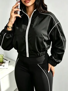 Slayform Women's Casual Colorblock Trim Sports Sweatshirt - Black - View 8