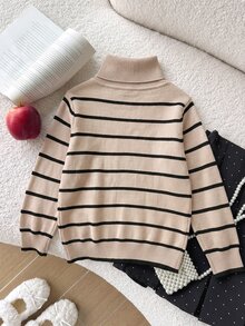 Young Girls Winter New High Neck Heart Knit Sweater, Fashion Casual Khaki Chunky Knit Pullover - Khaki - View 2
