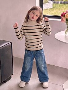 Young Girls Winter New High Neck Heart Knit Sweater, Fashion Casual Khaki Chunky Knit Pullover - Khaki - View 1