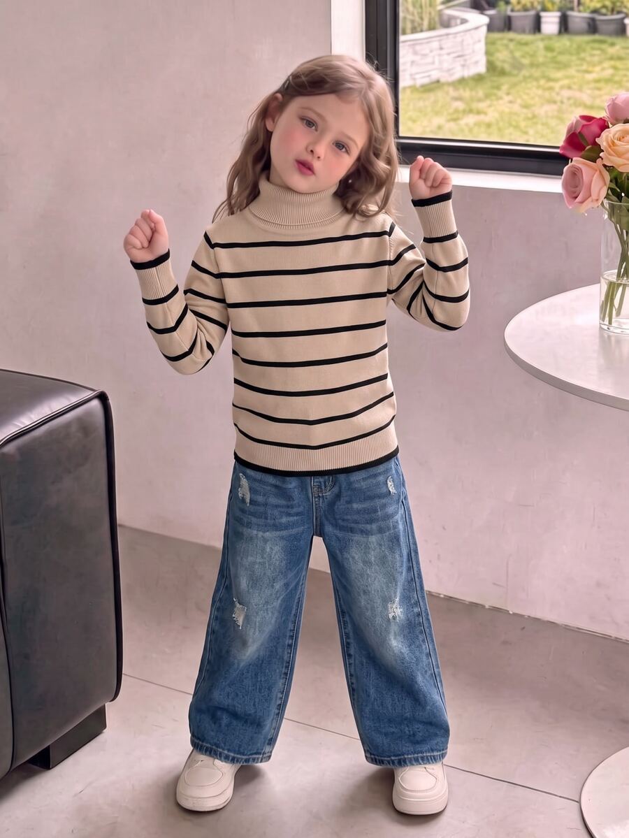 Young Girls Winter New High Neck Heart Knit Sweater, Fashion Casual Khaki Chunky Knit Pullover - Khaki - View 1