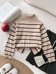 Young Girls Winter New High Neck Heart Knit Sweater, Fashion Casual Khaki Chunky Knit Pullover - Khaki - View 3