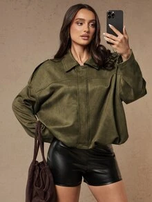Silquee Jaket Wanita Lengan Panjang Warna Hijau Bahan Suede Imitasi dengan Resleting (Gaya Musim Gugur/Dingin) - Jaket Praktis yang Cocok untuk Perjalanan Santai dan Tampilan Gaya Jalanan. - Hijau - View 3