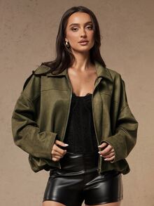 Silquee Jaket Wanita Lengan Panjang Warna Hijau Bahan Suede Imitasi dengan Resleting (Gaya Musim Gugur/Dingin) - Jaket Praktis yang Cocok untuk Perjalanan Santai dan Tampilan Gaya Jalanan. - Hijau - View 10