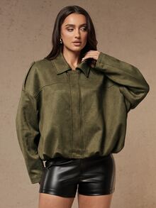 Silquee Jaket Wanita Lengan Panjang Warna Hijau Bahan Suede Imitasi dengan Resleting (Gaya Musim Gugur/Dingin) - Jaket Praktis yang Cocok untuk Perjalanan Santai dan Tampilan Gaya Jalanan. - Hijau - View 5