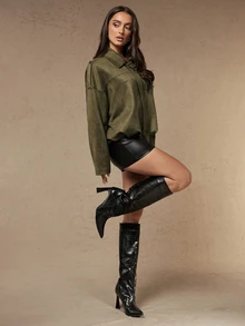 Silquee Jaket Wanita Lengan Panjang Warna Hijau Bahan Suede Imitasi dengan Resleting (Gaya Musim Gugur/Dingin) - Jaket Praktis yang Cocok untuk Perjalanan Santai dan Tampilan Gaya Jalanan. - Hijau - View 7