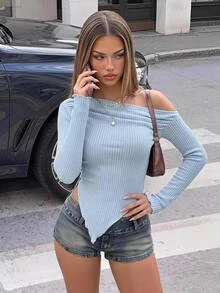 SHEIN ICON Y2K Grunge Asymmetrical Neck Lettuce Trim Tee - Baby Blue - View 2