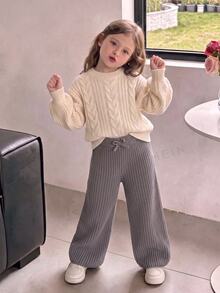 SHEIN Young Girl Bow Front Wide Leg Knit Pants - Grey - View 1