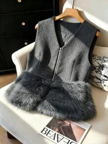 FRIFUL Women's Plush Patchwork Zipper Casual Granny Elegant Versatile Daily Travel Vest Jacket Autumn Formal Senior Grey Formal Senior Going Out - Black - View 4