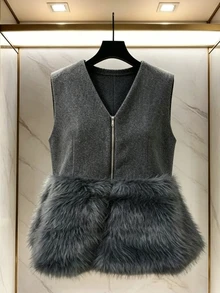 FRIFUL Women's Plush Patchwork Zipper Casual Granny Elegant Versatile Daily Travel Vest Jacket Autumn Formal Senior Grey Formal Senior Going Out - Black - View 2
