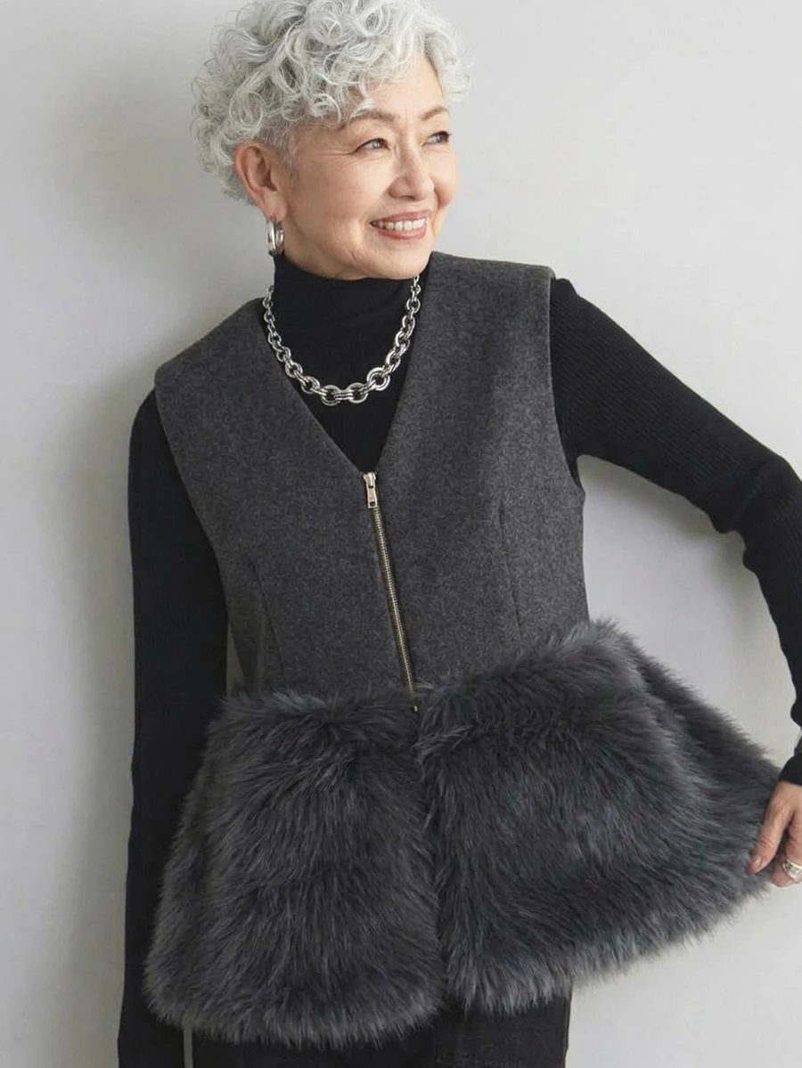 FRIFUL Women's Plush Patchwork Zipper Casual Granny Elegant Versatile Daily Travel Vest Jacket Autumn Formal Senior Grey Formal Senior Going Out - Black - View 1