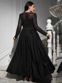 Reflora Plus Size Elegant Party Silver Foil Mesh Patchwork Dress - Black - View 3