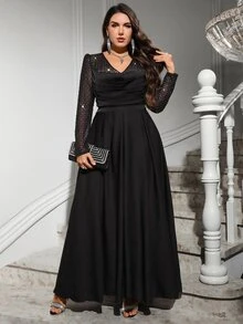 Reflora Plus Size Elegant Party Silver Foil Mesh Patchwork Dress - Black - View 4