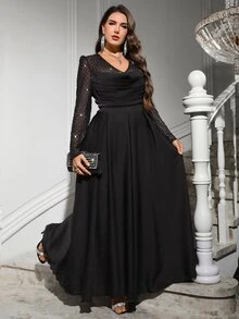 Reflora Plus Size Elegant Party Silver Foil Mesh Patchwork Dress - Black - View 1