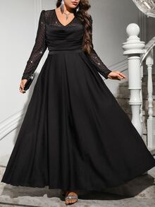 Reflora Plus Size Elegant Party Silver Foil Mesh Patchwork Dress - Black - View 6