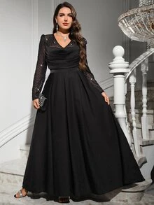 Reflora Plus Size Elegant Party Silver Foil Mesh Patchwork Dress - Black - View 5