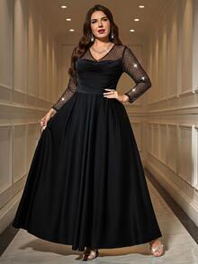 Reflora Plus Size Elegant Party Silver Foil Mesh Patchwork Dress - Black - View 7