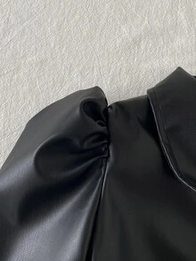 SHEIN Sparklyn Young Girl Solid Color PU Leather Zipper Fashion Versatile Jacket - Black - View 3