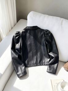 SHEIN Sparklyn Young Girl Solid Color PU Leather Zipper Fashion Versatile Jacket - Black - View 2
