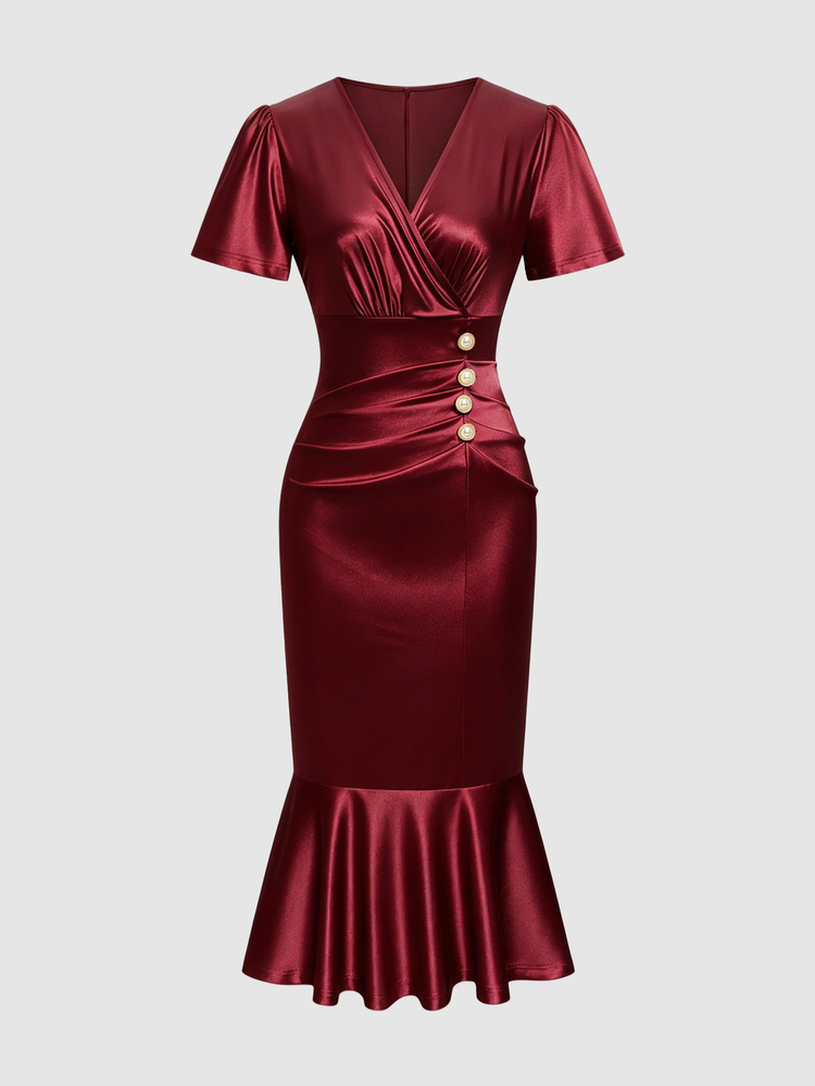 Elenzga Vestido de mujer con cuello en V superpuesto, unicolor, manga corta, decoración de botones y bajo de cola de pez - Burdeos - Añade 4