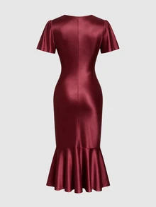Elenzga Women's Overlap V-Neck Solid Color Short Sleeve Button Decor Fishtail Hem Dress - Burgundy - View 3