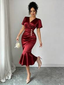 Elenzga Women's Overlap V-Neck Solid Color Short Sleeve Button Decor Fishtail Hem Dress - Burgundy - View 1