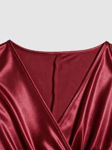 Elenzga Women's Overlap V-Neck Solid Color Short Sleeve Button Decor Fishtail Hem Dress - Burgundy - View 6