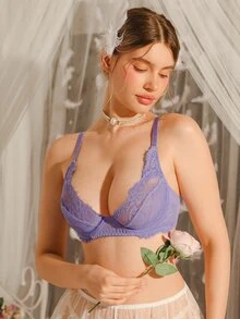 DelicateAllure Purple Underwire Push-Up Lace Patchwork Romantic Classic Women's Bra - Purple - View 1