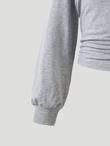 SHEIN Sparklyn TweenGirls Casual Versatile Round Neck Long Sleeve Fitted Cropped Ruched Solid Color Sweatshirt Waist Hem Short Autumn Fall - Grey - View 5
