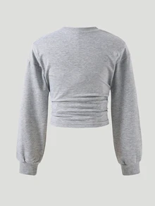 SHEIN Sparklyn TweenGirls Casual Versatile Round Neck Long Sleeve Fitted Cropped Ruched Solid Color Sweatshirt Waist Hem Short Autumn Fall - Grey - View 3