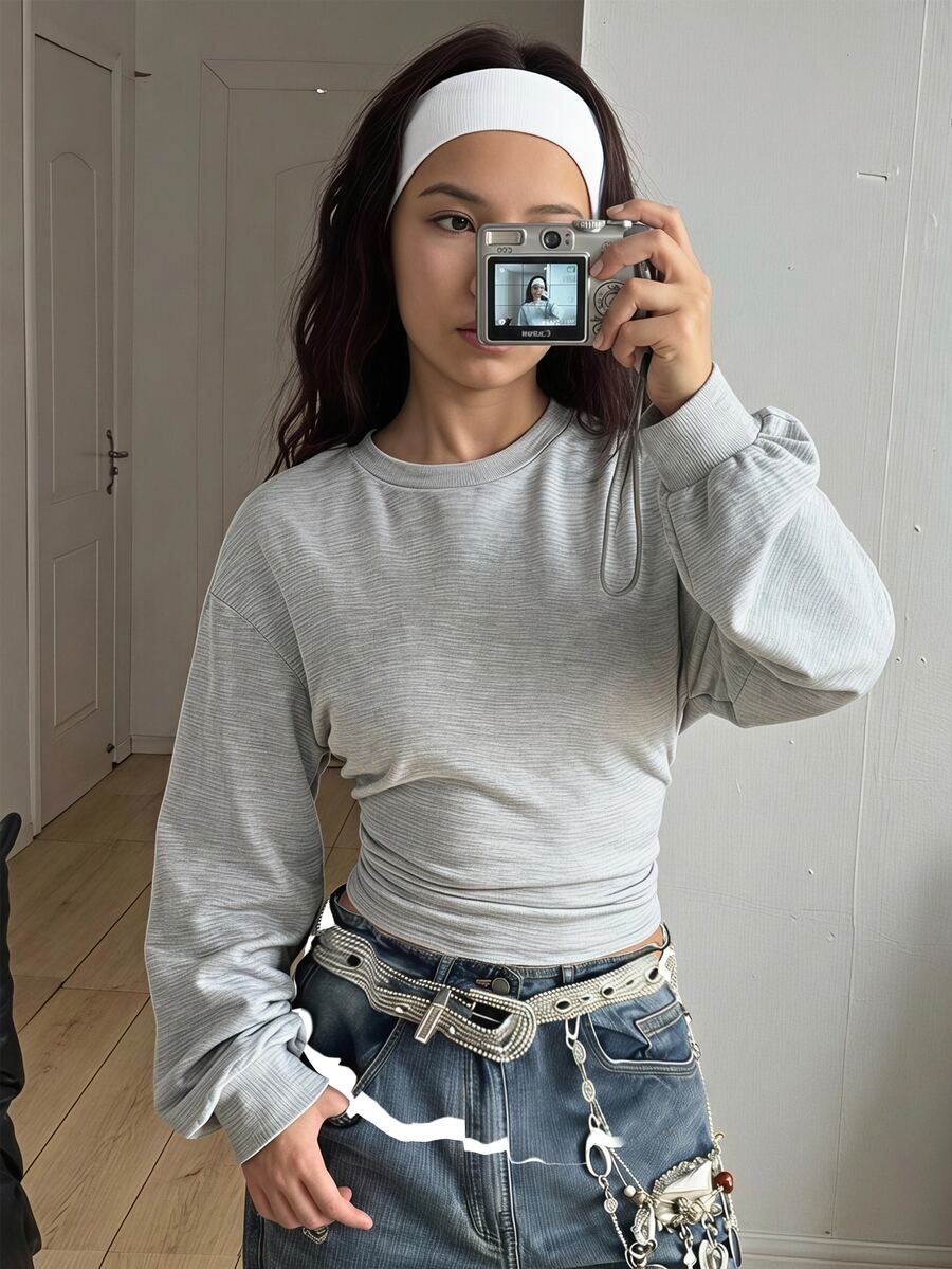 SHEIN Sparklyn TweenGirls Casual Versatile Round Neck Long Sleeve Fitted Cropped Ruched Solid Color Sweatshirt Waist Hem Short Autumn Fall - Grey - View 1