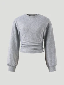 SHEIN Sparklyn TweenGirls Casual Versatile Round Neck Long Sleeve Fitted Cropped Ruched Solid Color Sweatshirt Waist Hem Short Autumn Fall - Grey - View 2