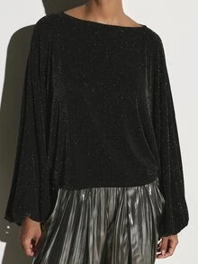 KSTM Sparkle Glitter Ribbed Batwing Long Sleeve Boat Neck Blouse Holiday Party Festive Oversized Top - Black - View 1