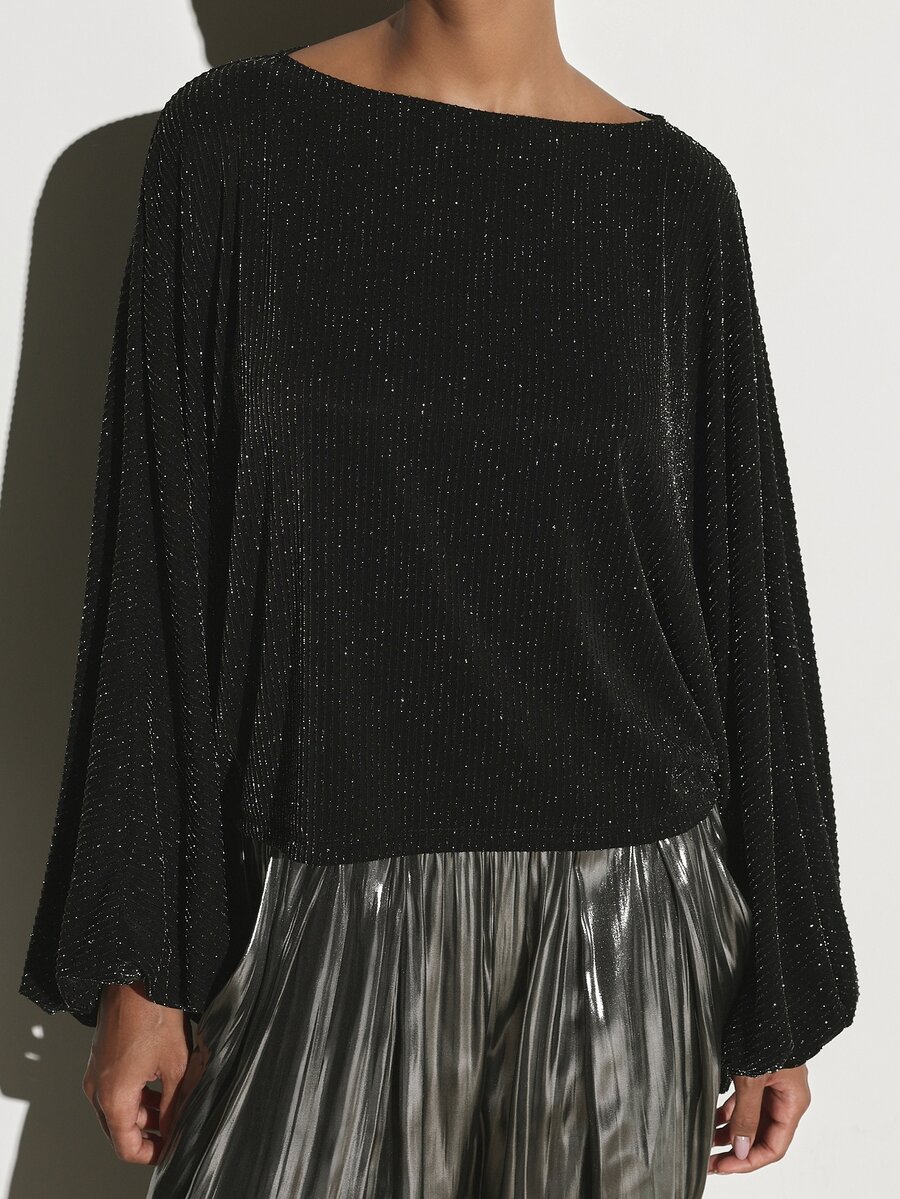 KSTM Sparkle Glitter Ribbed Batwing Long Sleeve Boat Neck Blouse Holiday Party Festive Oversized Top - Black - View 1