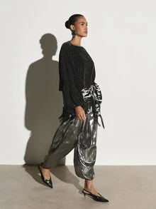 KSTM Sparkle Glitter Ribbed Batwing Long Sleeve Boat Neck Blouse Holiday Party Festive Oversized Top - Black - View 6