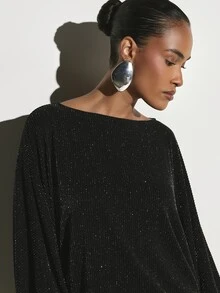 KSTM Sparkle Glitter Ribbed Batwing Long Sleeve Boat Neck Blouse Holiday Party Festive Oversized Top - Black - View 5
