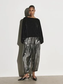 KSTM Sparkle Glitter Ribbed Batwing Long Sleeve Boat Neck Blouse Holiday Party Festive Oversized Top - Black - View 4