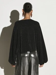 KSTM Sparkle Glitter Ribbed Batwing Long Sleeve Boat Neck Blouse Holiday Party Festive Oversized Top - Black - View 2