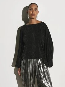 KSTM Sparkle Glitter Ribbed Batwing Long Sleeve Boat Neck Blouse Holiday Party Festive Oversized Top - Black - View 3