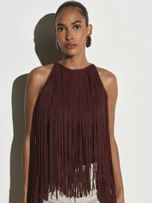 KSTM Halter Neck Suede Fringe Crop Top Sleeveless Festival Western Boho Style Statement Piece For Summer And Fall - Burgundy - View 5