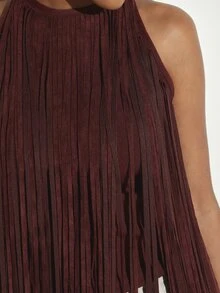 KSTM Halter Neck Suede Fringe Crop Top Sleeveless Festival Western Boho Style Statement Piece For Summer And Fall - Burgundy - View 6