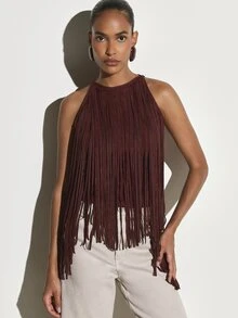 KSTM Halter Neck Suede Fringe Crop Top Sleeveless Festival Western Boho Style Statement Piece For Summer And Fall - Burgundy - View 2
