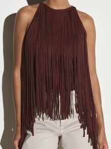 KSTM Halter Neck Suede Fringe Crop Top Sleeveless Festival Western Boho Style Statement Piece For Summer And Fall - Burgundy - View 1