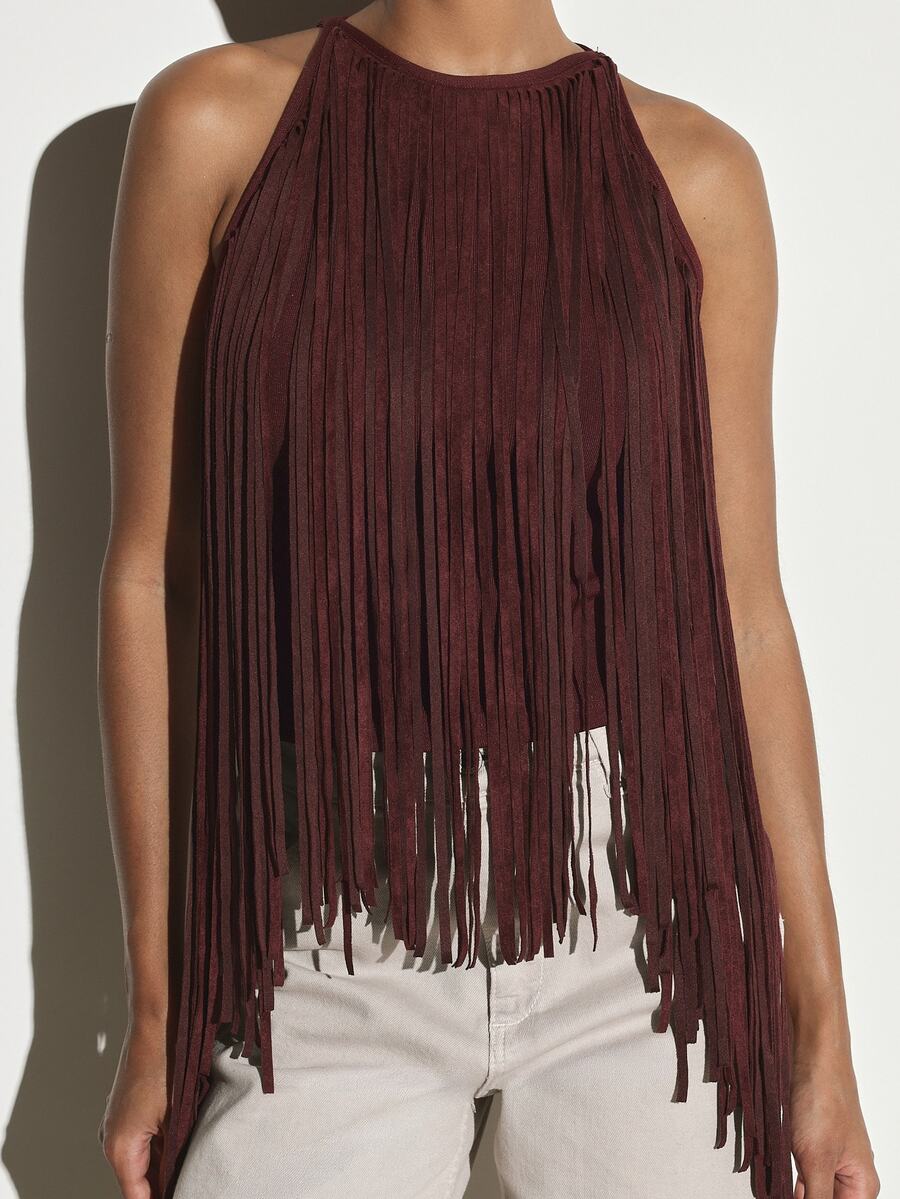 KSTM Halter Neck Suede Fringe Crop Top Sleeveless Festival Western Boho Style Statement Piece For Summer And Fall - Burgundy - View 1