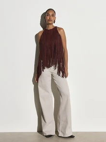 KSTM Halter Neck Suede Fringe Crop Top Sleeveless Festival Western Boho Style Statement Piece For Summer And Fall - Burgundy - View 4
