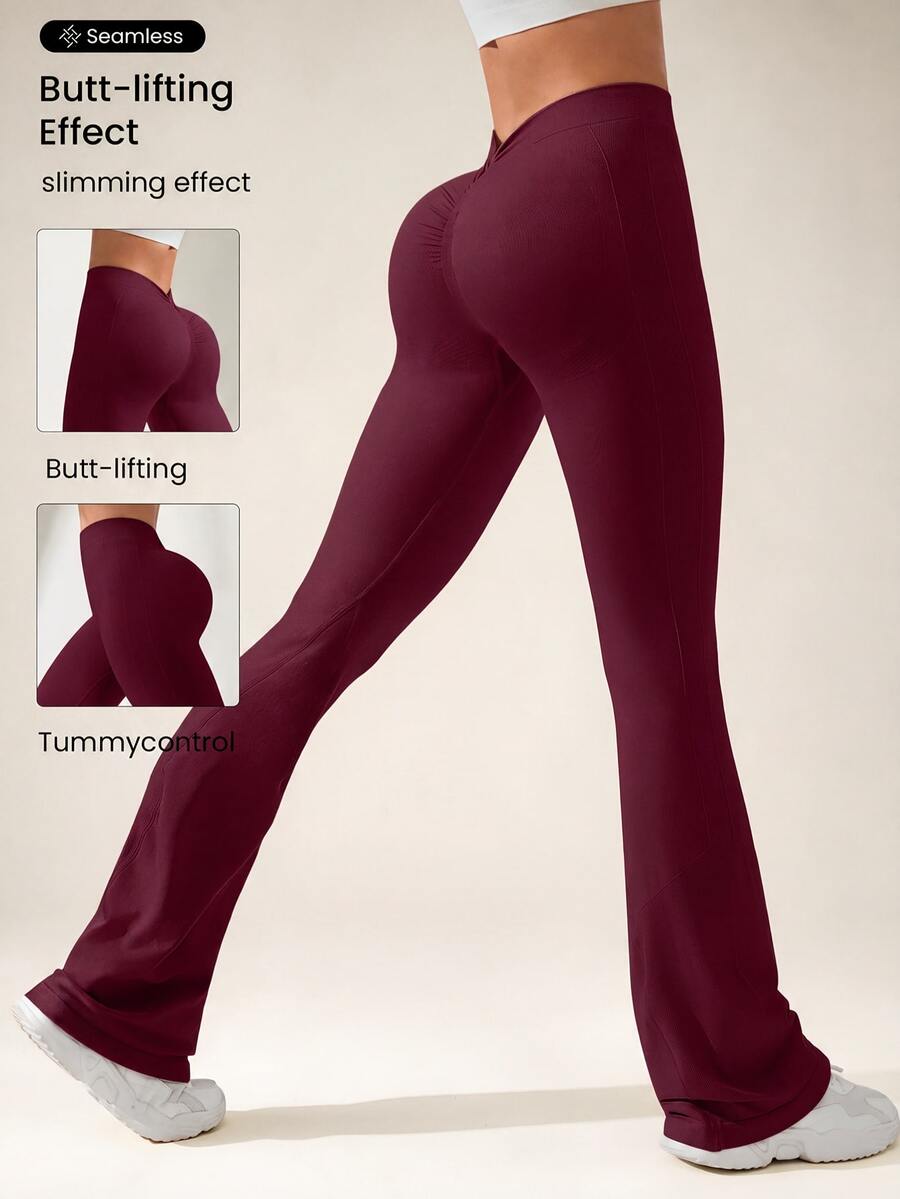 Eassivo Eassivo Women Solid Color Ruched Waist Flared Sports Pants For Chinese New Year - Burgundy - View 1